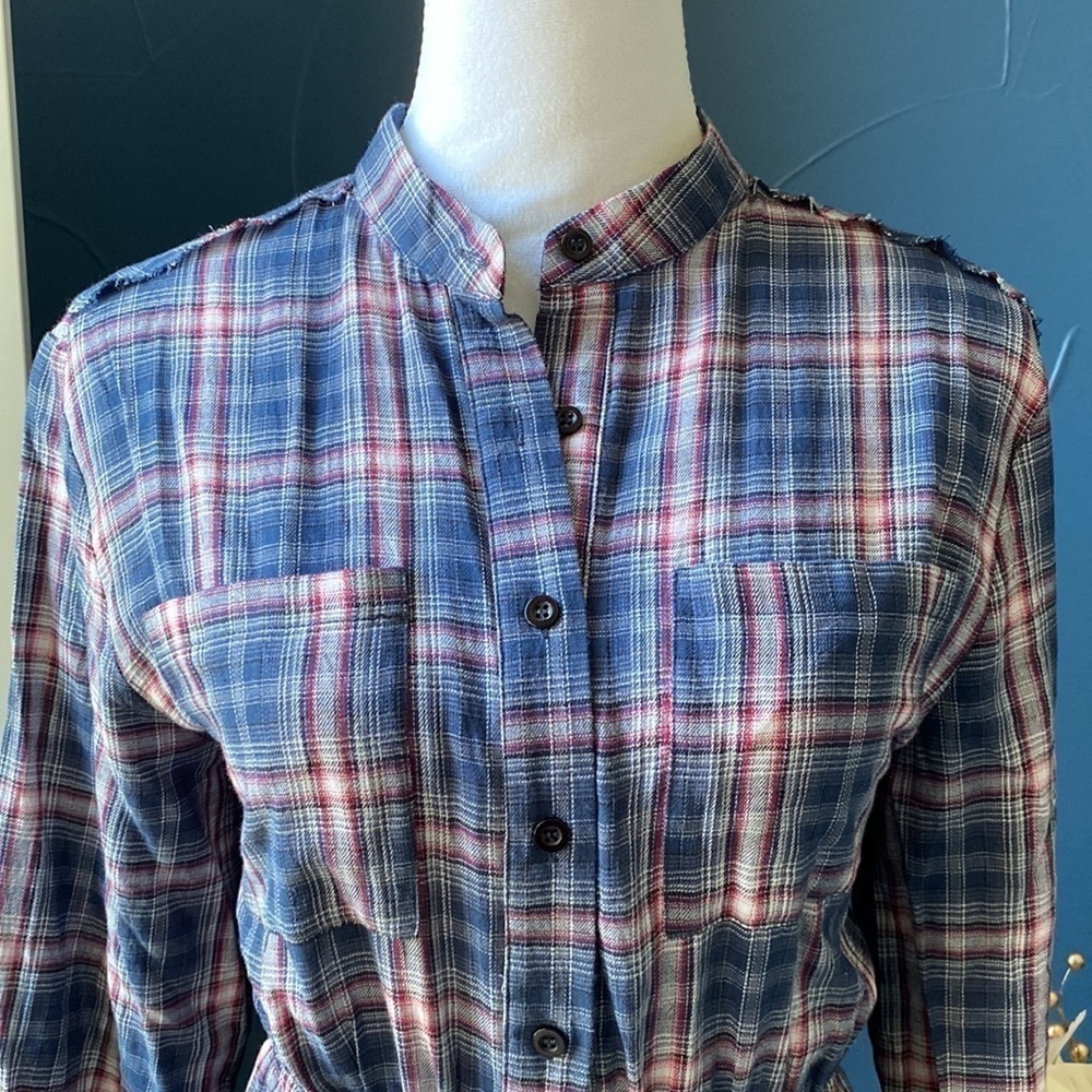 PINK LILY Plaid Elastic Waist Dress Button Down Long Sleeve Navy Red Blue - Picture 2 of 15